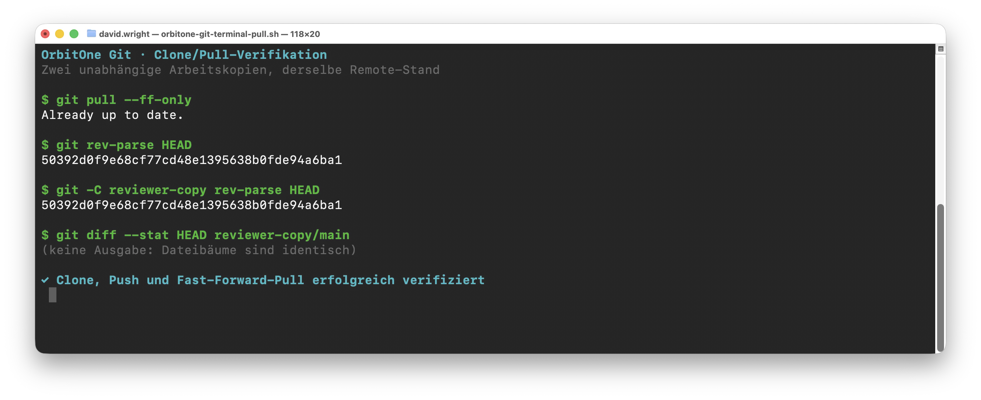 Terminal mit erfolgreichem Git Pull und identischen Commit-Hashes zweier Arbeitskopien