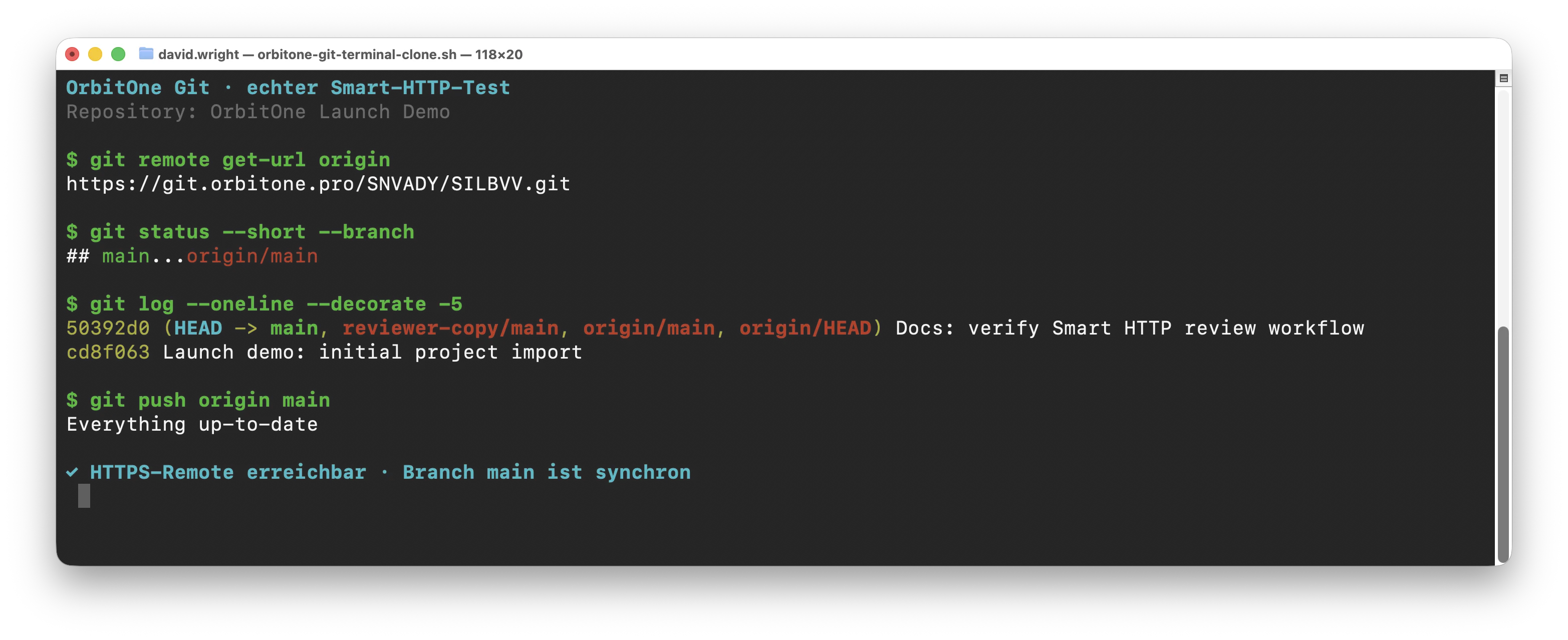 Successful Git push to an OrbitOne repository