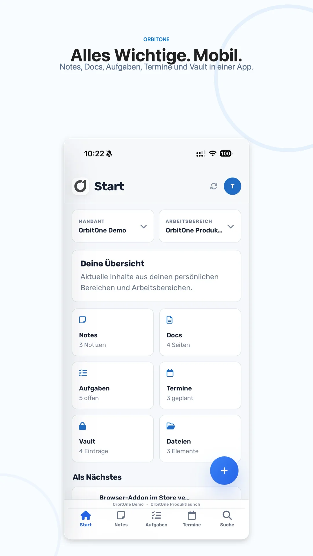 OrbitOne Mobile Startseite unter Android
