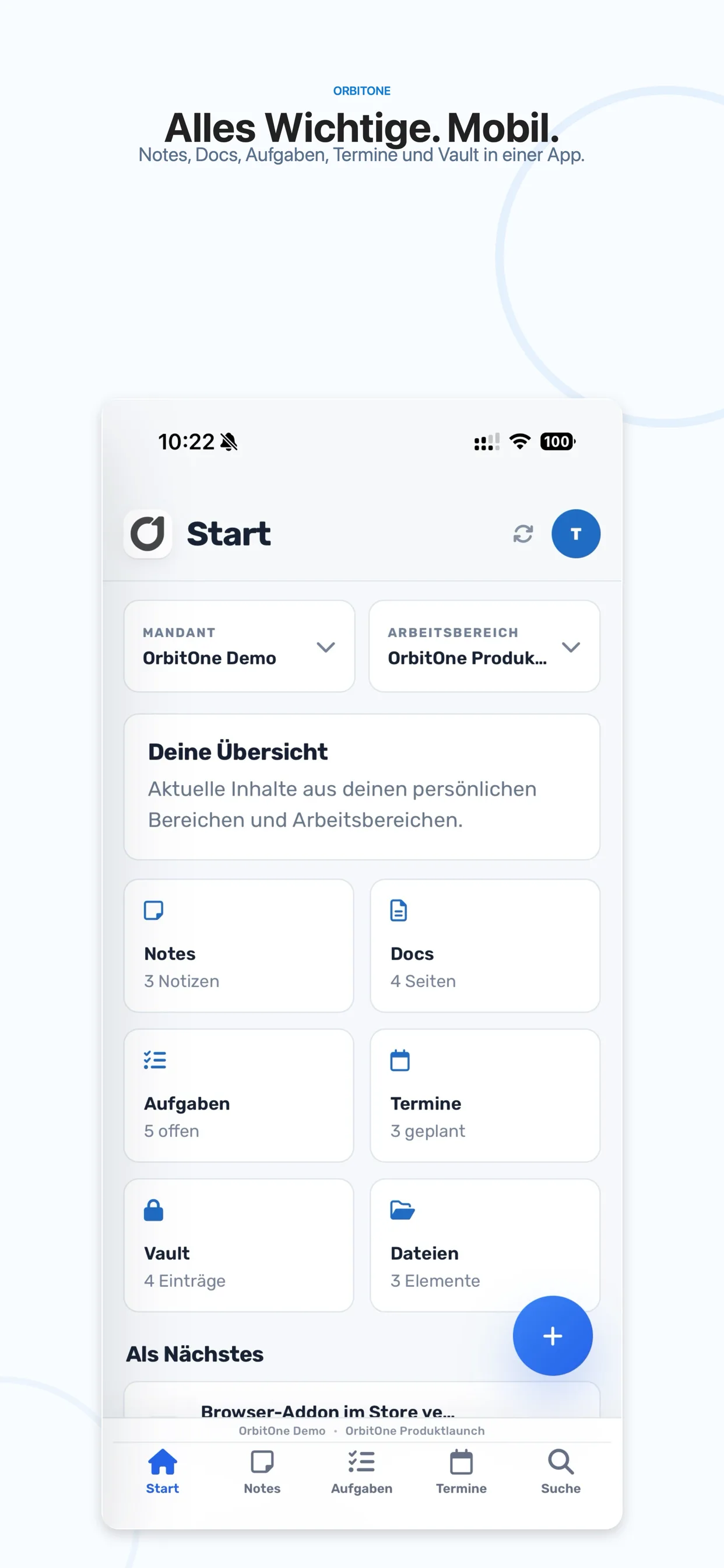 OrbitOne Mobile Startseite unter iOS