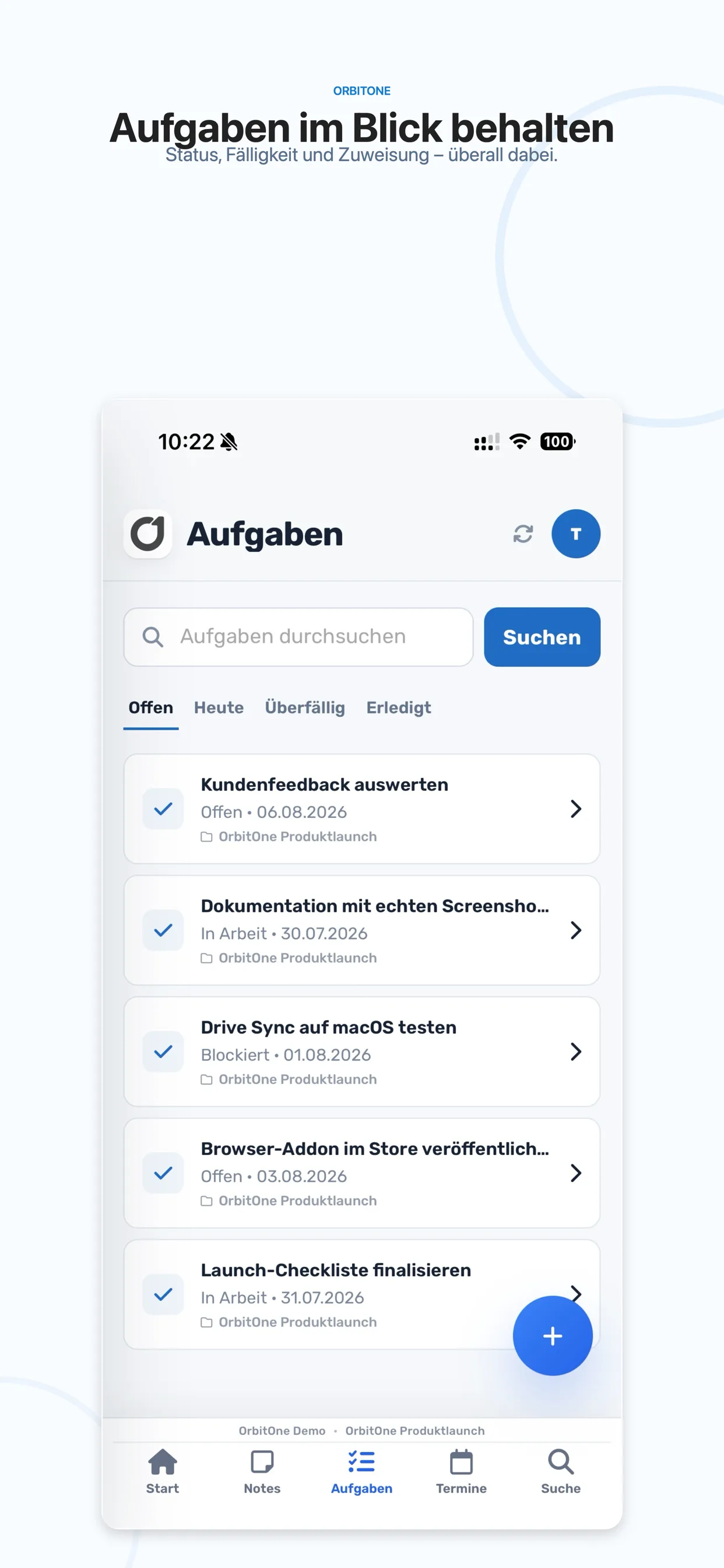 Aufgaben in OrbitOne Mobile unter iOS