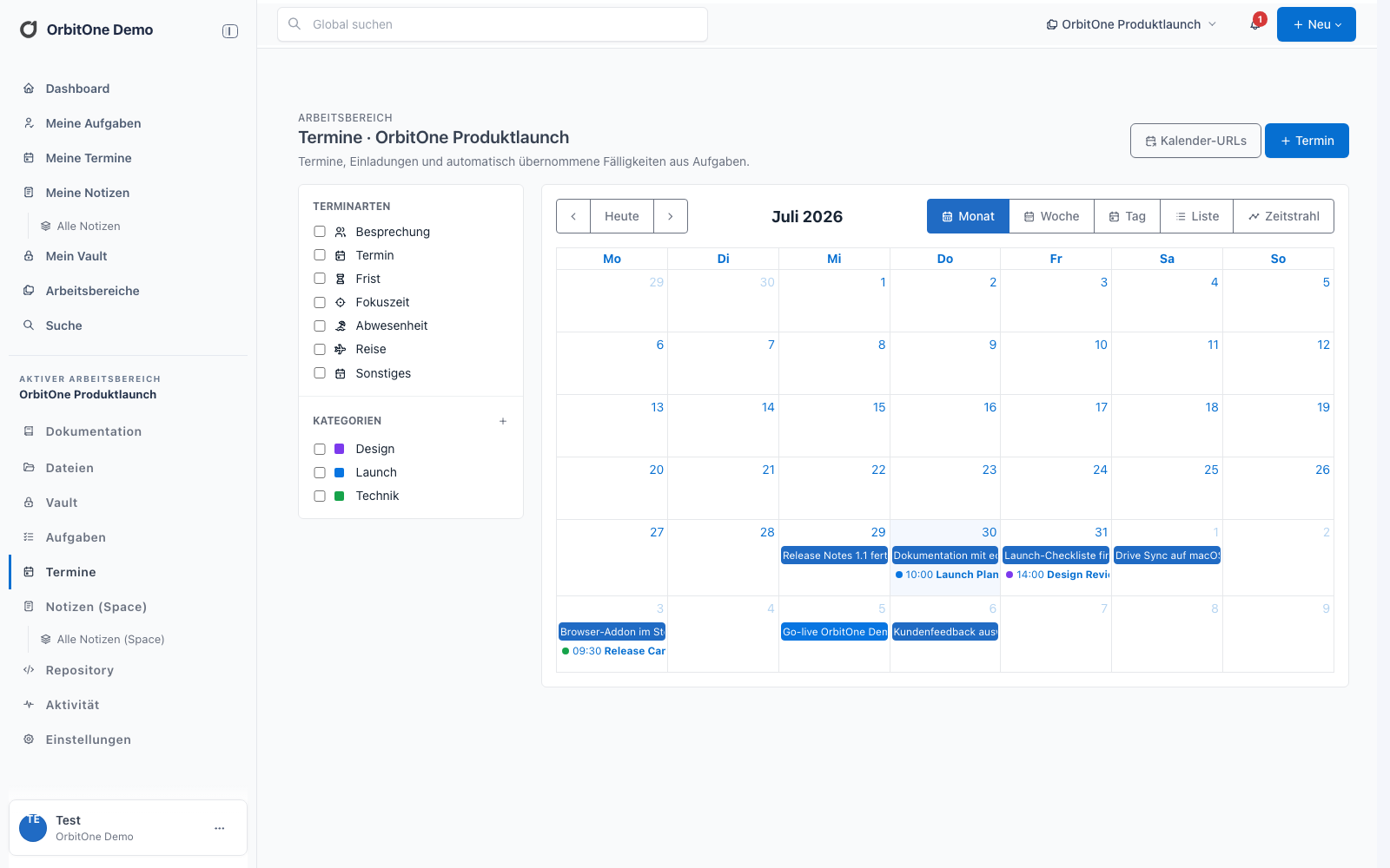 OrbitOne Workspace-Kalender mit Terminen und Aufgabenfälligkeiten