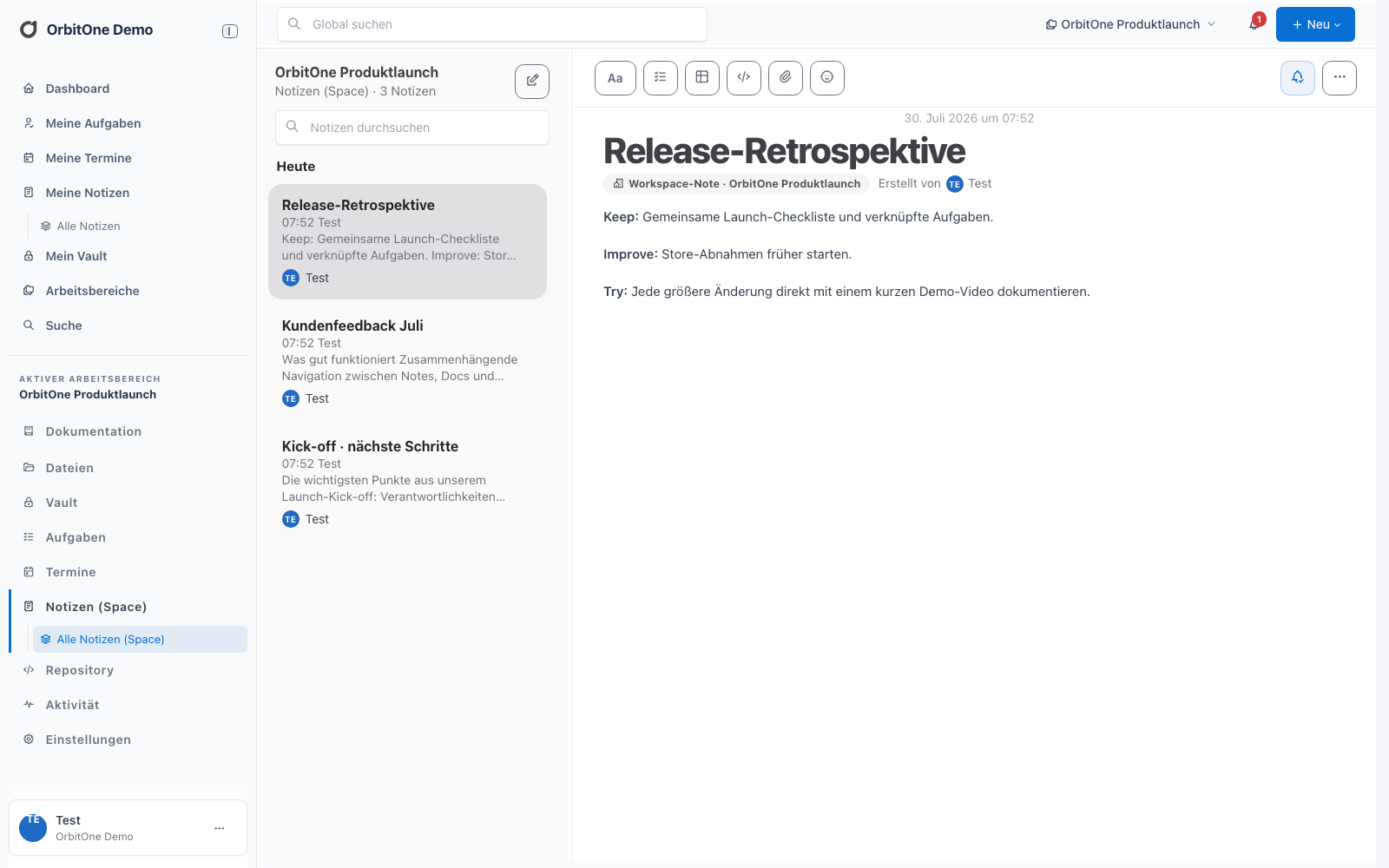 OrbitOne Notes mit mehreren Notizen