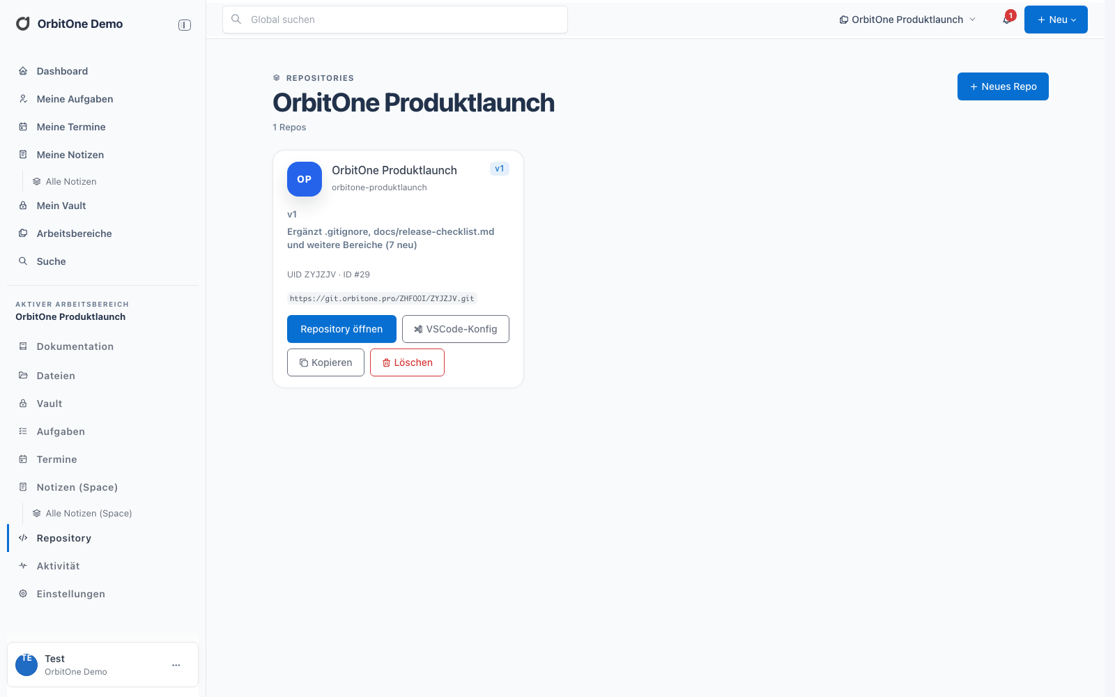 OrbitOne repository with versions, commits and files