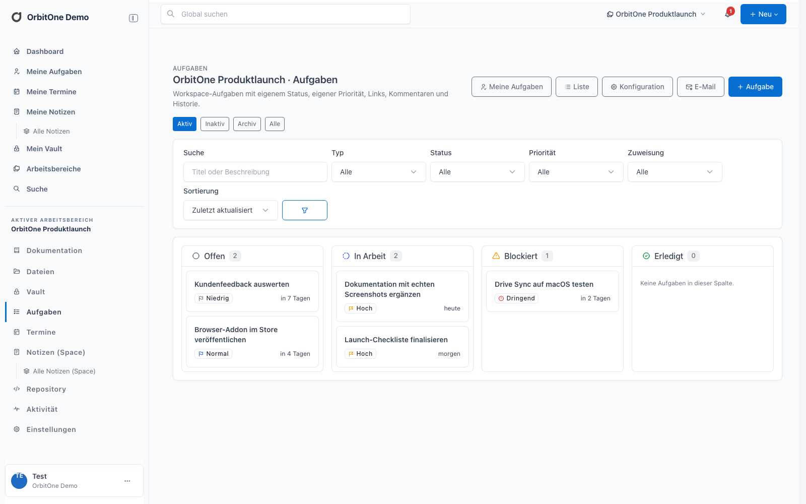 Aufgabenboard in einem OrbitOne Workspace