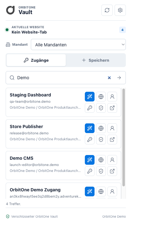 OrbitOne Vault Browser-Add-on mit mandantenübergreifender Zugangssuche