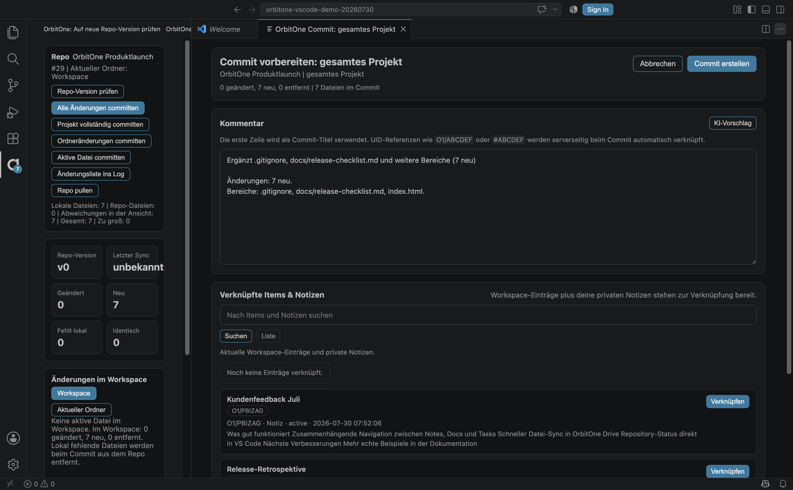 Commit mit der OrbitOne VS Code Erweiterung