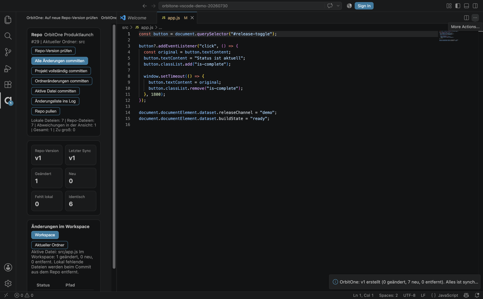 OrbitOne repository status in Visual Studio Code